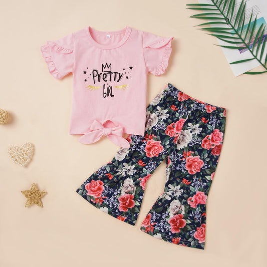 Round Neck PRETTY GIRL Graphic T-Shirt and Floral Print Pants Set